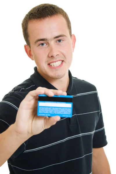 Чоловік з дебетовою карткою на білому тлі . — стокове фото