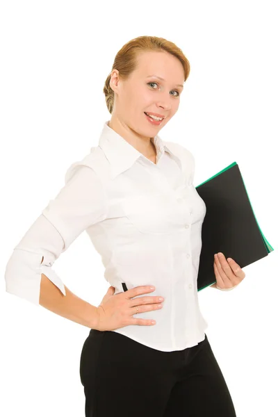 Businesswoman with folders on a white background. Stock Picture