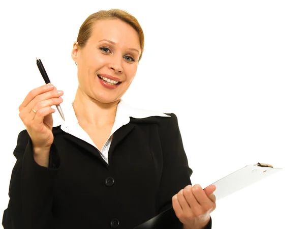Geschäftsfrau unterschreibt das Dokument auf weißem Hintergrund. Stockbild