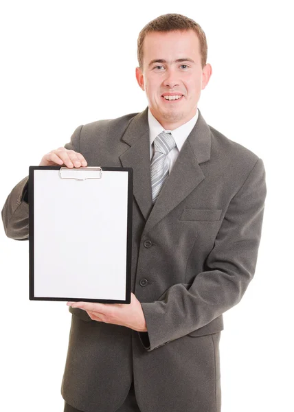 Homme d'affaires avec un tableau blanc dans les mains . — Photo