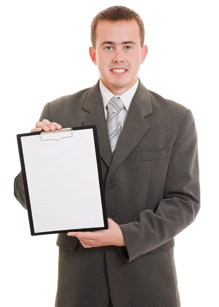 Biznesmen z biały deska w ręce. — Zdjęcie stockowe