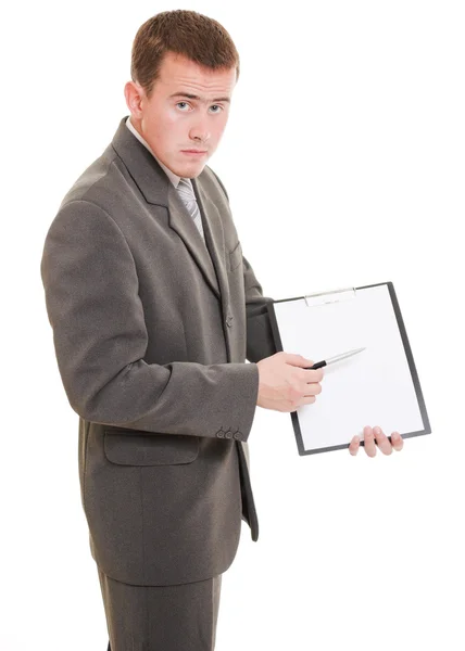 Üzletember, a kezében egy fehér tábla. — Stock Fotó