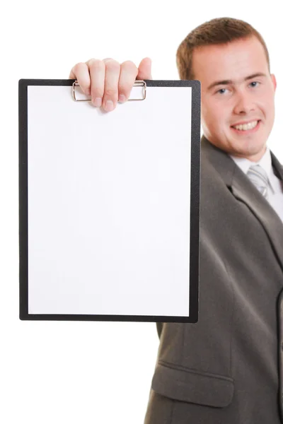 Podnikatel s bílou tabuli ve svých rukou. — Stock fotografie