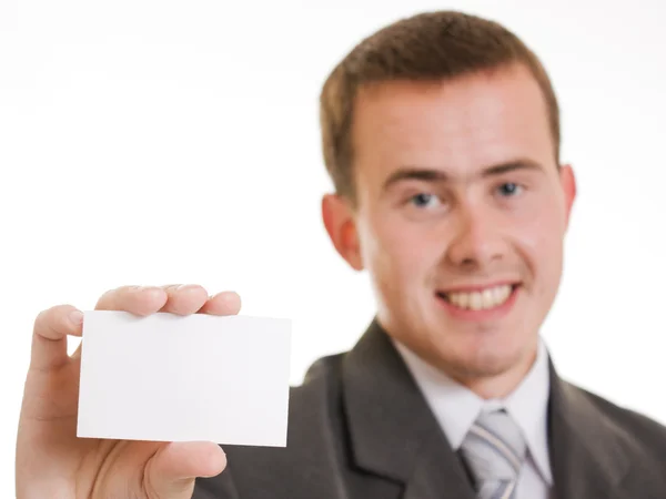 Empresaria con tarjeta de visita en la mano . — Foto de Stock