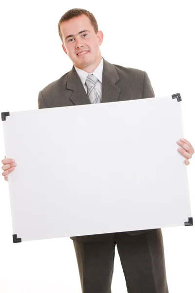 Hombre sosteniendo una pizarra blanca . — Foto de Stock