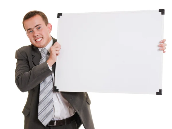 Uomo in possesso di una tavola bianca . — Foto Stock