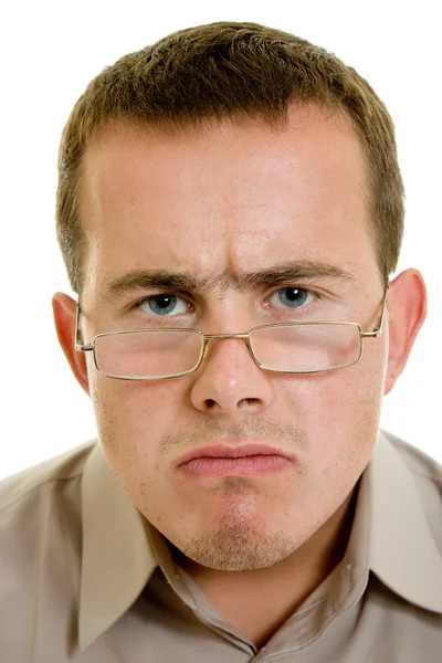 Uomo divertente in occhiali su sfondo bianco . — Foto Stock