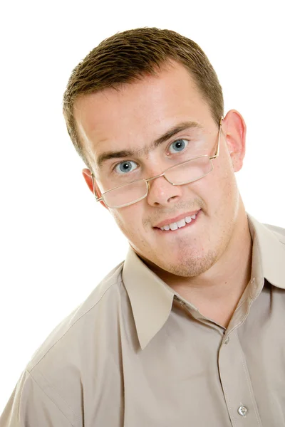 Grappige mens in bril op witte achtergrond. — Stockfoto