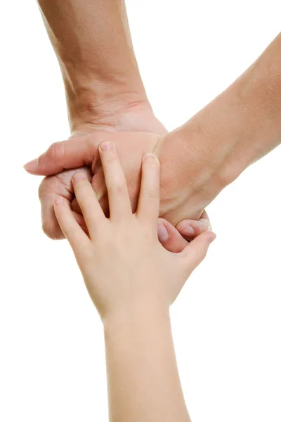 Hände des Babys und der Eltern auf weißem Hintergrund. — Stockfoto