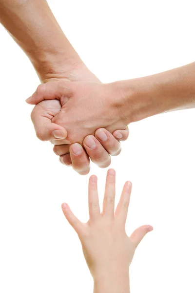 Руки ребенка и родителей на белом фоне . — стоковое фото