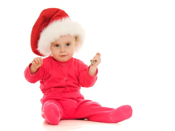 Šťastné vánoční zvonění dítě na bílém pozadí — Stock fotografie
