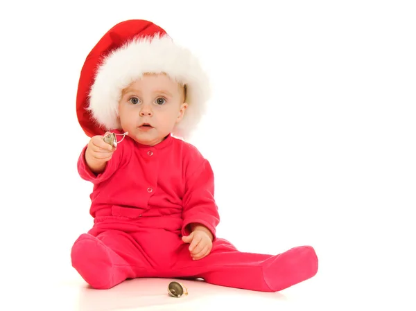 Happy Christmas bell ringing baby on a white background — Stock Photo, Image