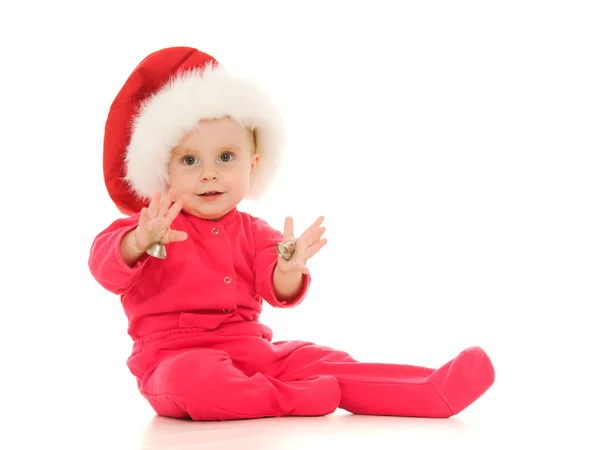 Ευτυχής Χριστούγεννα κουδούνι χτυπάει το μωρό σε λευκό φόντο — Φωτογραφία Αρχείου