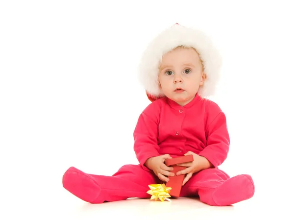 흰색 바탕에 상자에는 현재와 행복 한 크리스마스 아기. — 스톡 사진