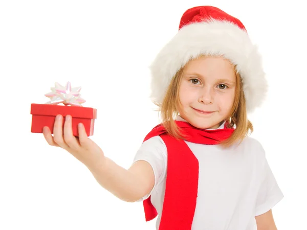 Happy Christmas child with a box on a white background. — Stock Photo, Image