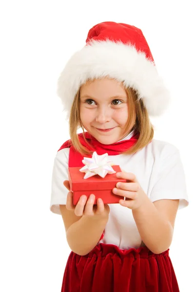 Gelukkig Kerstmis kind met een doos op een witte achtergrond. — Stockfoto