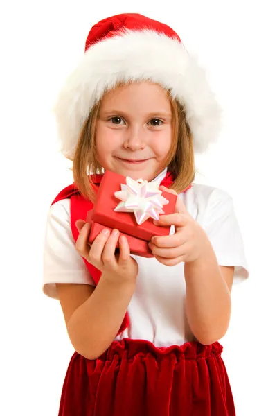 Criança de Natal feliz com uma caixa em um fundo branco . — Fotografia de Stock