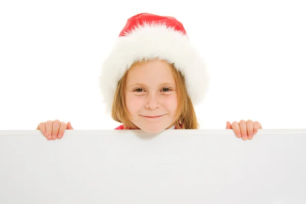 白い背景の上のボードで幸せなクリスマスの子供. — ストック写真