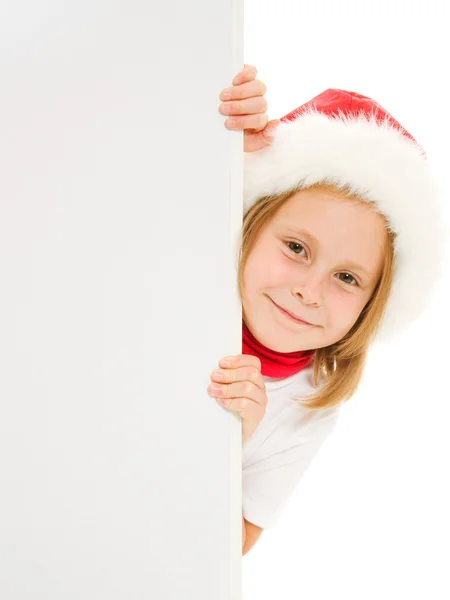 흰색 바탕에 보드와 함께 행복 한 크리스마스 아이. — 스톡 사진