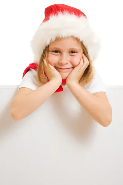 Happy Christmas child with the board on a white background. — Stock Photo, Image
