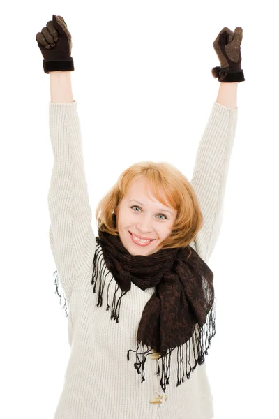 The woman raised her hands up on a white background. — Stock Photo, Image