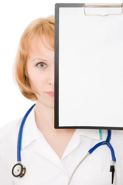 Arzt mit Klemmbrett auf weißem Hintergrund. — Stockfoto
