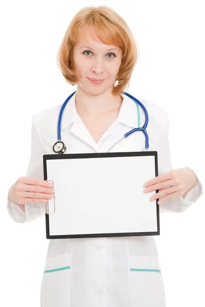 Doutor com área de transferência em um fundo branco . — Fotografia de Stock