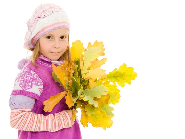 Girl with a bouquet of oak leaves on a white background. — Stock Photo, Image
