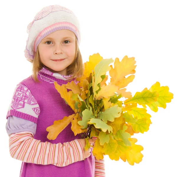 Girl with a bouquet of oak leaves on a white background. — Stock Photo, Image