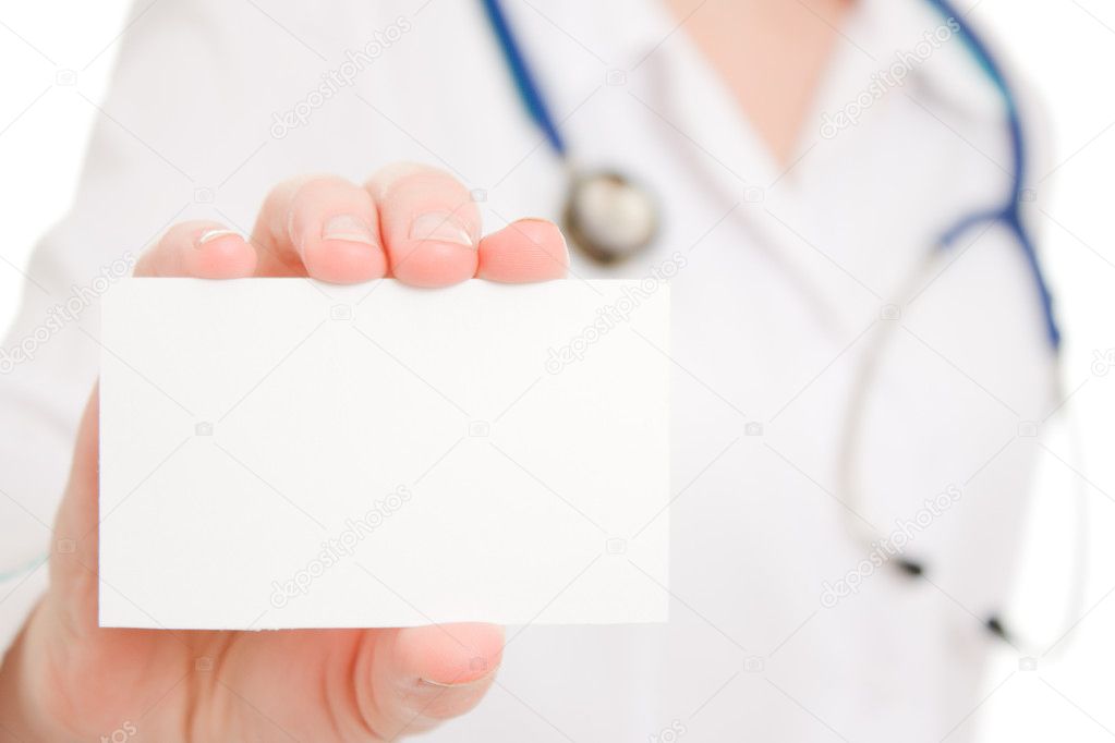 Doctor holding blank card on white background.