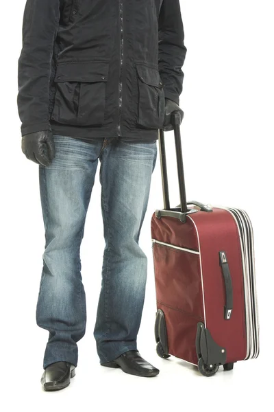 Επιχειρηματίας με μια βαλίτσα σε λευκό φόντο. — Φωτογραφία Αρχείου