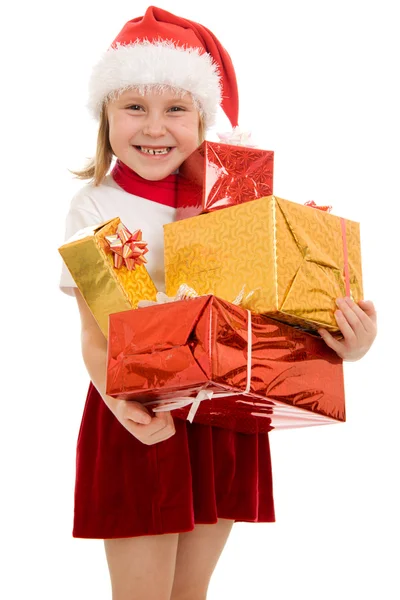 Feliz Navidad niño con regalos en las cajas sobre un fondo blanco . —  Fotos de Stock