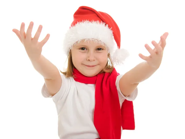 Glückliches Christkind zieht die Hände vor weißem Hintergrund nach oben. — Stockfoto