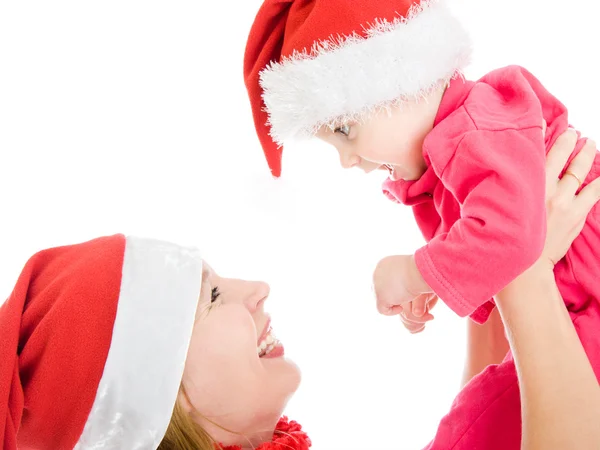 Happy Christmas mother and daughter on a white background. — Stock Photo, Image
