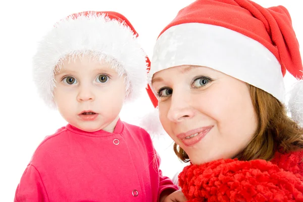 Gelukkig Kerstmis moeder en dochter op een witte achtergrond. — Stockfoto