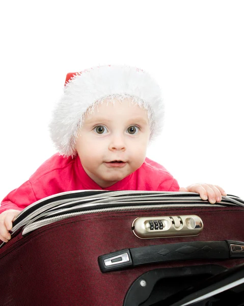 Christmas baby in the suitcase on a white background. — Stock Photo, Image