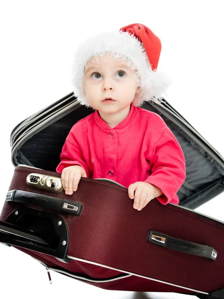 Christmas baby in the suitcase on a white background. — Stock Photo, Image
