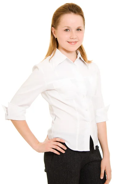 Giovane imprenditrice su sfondo bianco . — Foto Stock