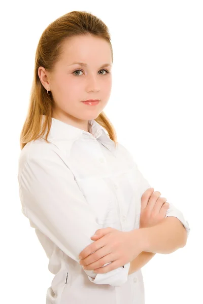 Junge Geschäftsfrau auf weißem Hintergrund. — Stockfoto