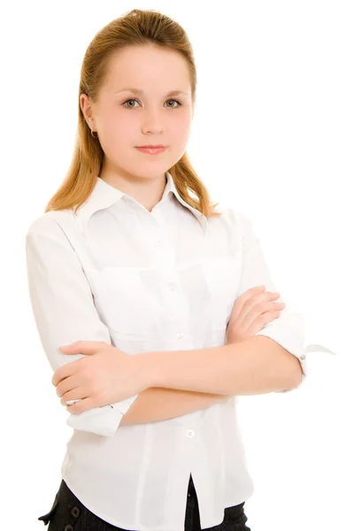 Giovane imprenditrice su sfondo bianco . — Foto Stock
