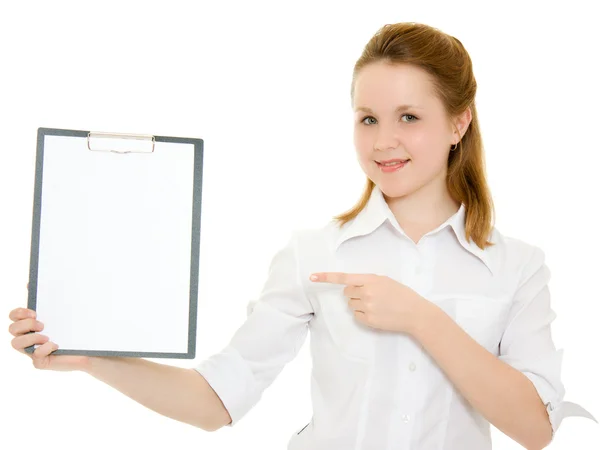 Geschäftsfrau mit einem weißen Brett in der Hand. — Stockfoto
