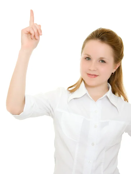 Geschäftsfrau zeigt mit dem Finger nach oben. — Stockfoto