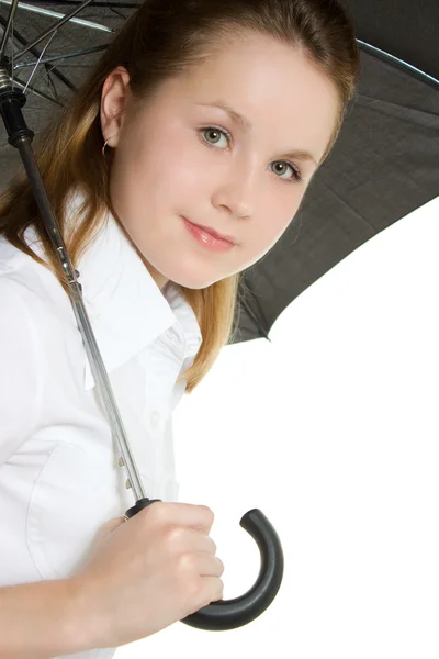 Beyaz zemin üzerinde bir şemsiye altında bir kadın. — Stok fotoğraf