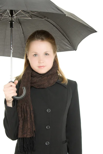 Beyaz zemin üzerinde bir şemsiye altında bir kadın. — Stok fotoğraf