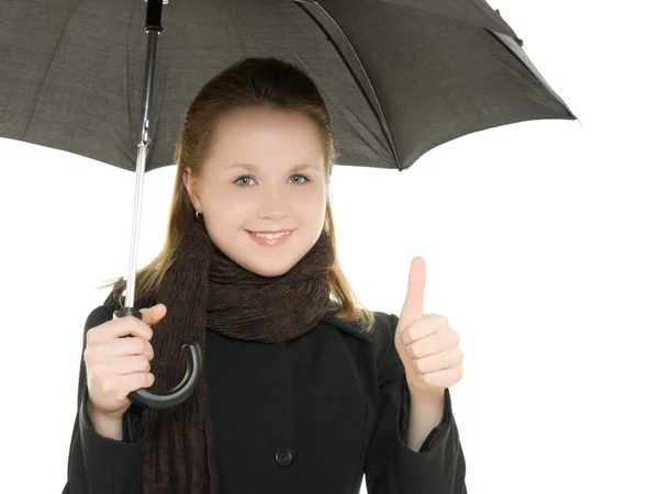 The woman is well under an umbrella on a white background. — Stock Photo, Image