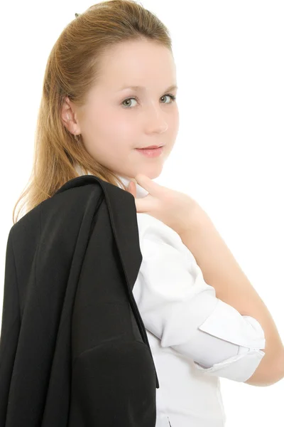 Mulher de negócios com um casaco sobre o ombro em um fundo branco . — Fotografia de Stock