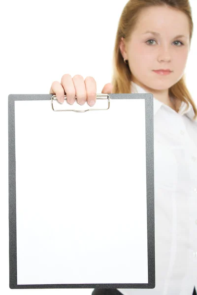 Businesswoman with a white board in his hands. — Stock Photo, Image