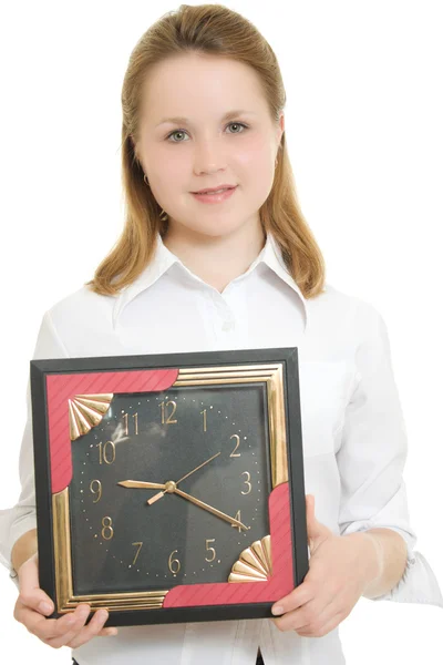 Geschäftsfrau mit der Uhr auf weißem Hintergrund. — Stockfoto