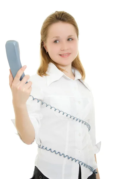 Mulher com ferida de fio de telefone em um fundo branco . — Fotografia de Stock