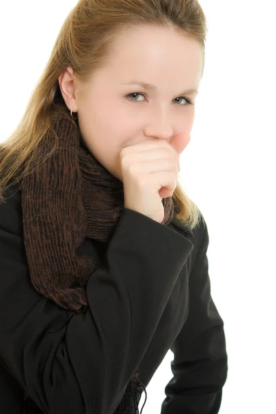 A woman coughs on a white background. Royalty Free Stock Photos